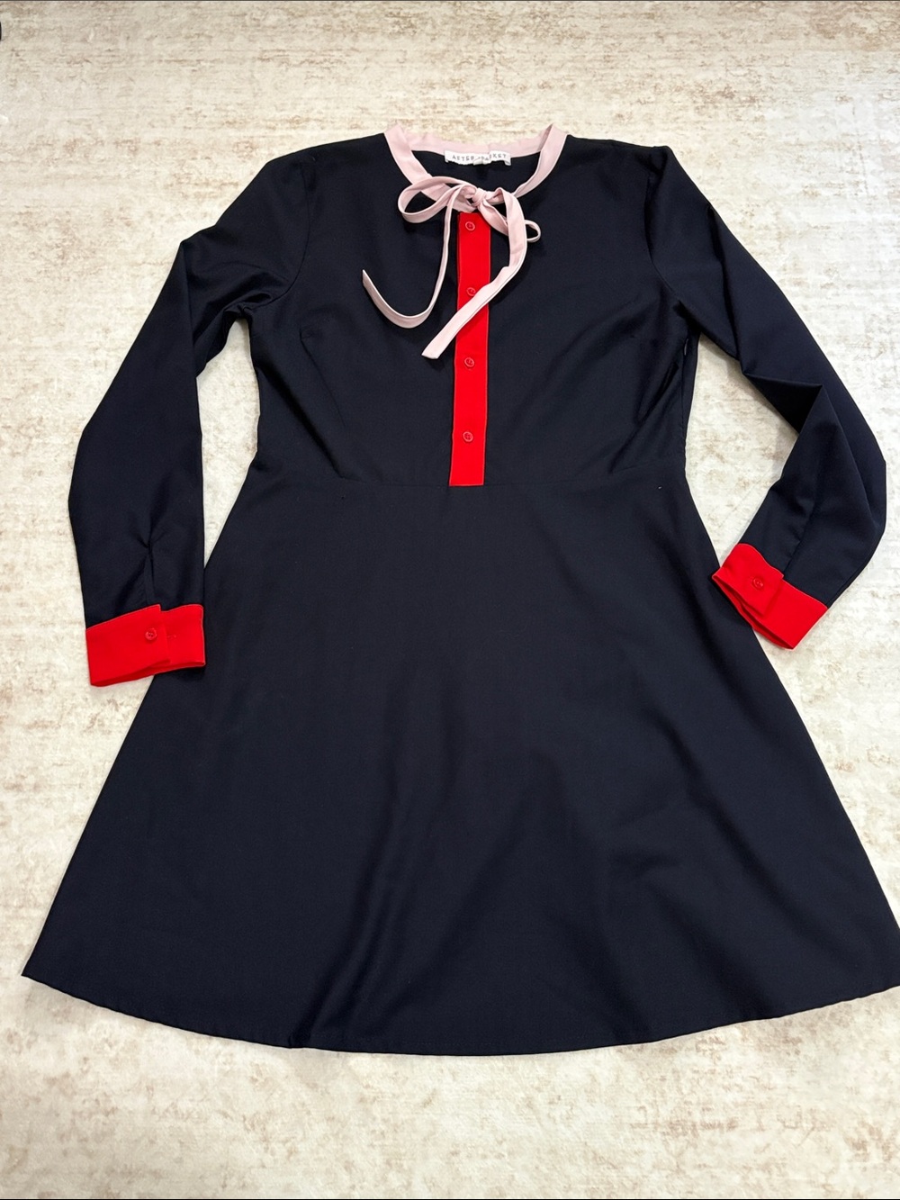 AFTER MARKET M Navy Long-Sleeve fit & flare dress w Red Trim, Pink Bow Neck